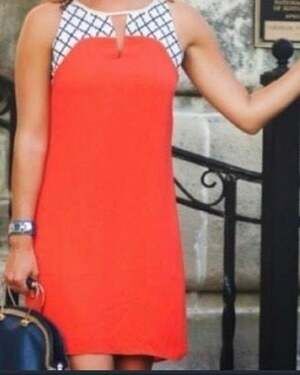 THML Red Sleeveless Shift Dress with Embroidered Geometric Yoke Size XS